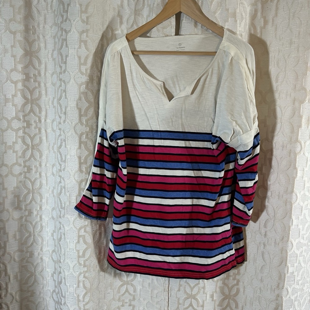 T by Talbots Textured Shirt Cotton Striped 3/4 Sleeve Multicolor Striped Size L